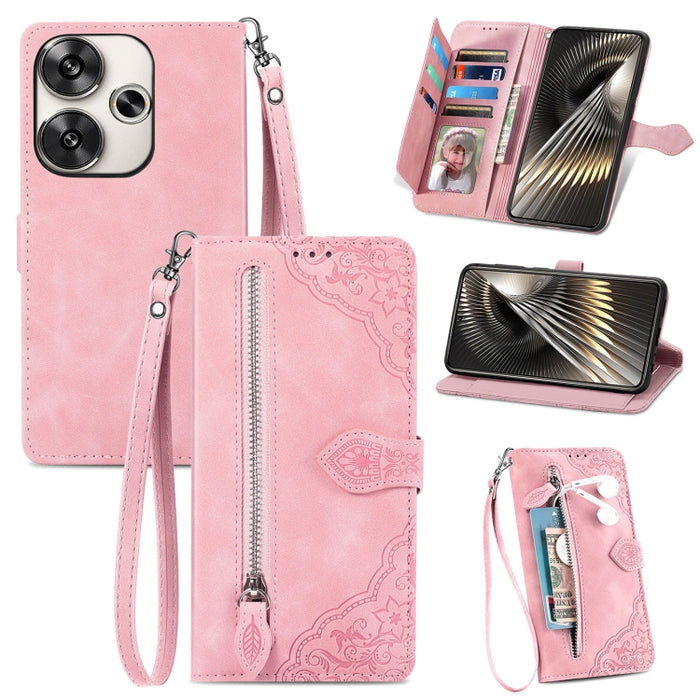 Funda para teléfono de cuero con cremallera y flores en relieve, For Xiaomi Redmi Turbo 3 5G, For Xiaomi 14 Pro, For Xiaomi 14, For Xiaomi Redmi 13C, For Redmi 15C 5G / 4G Glodal 171mm