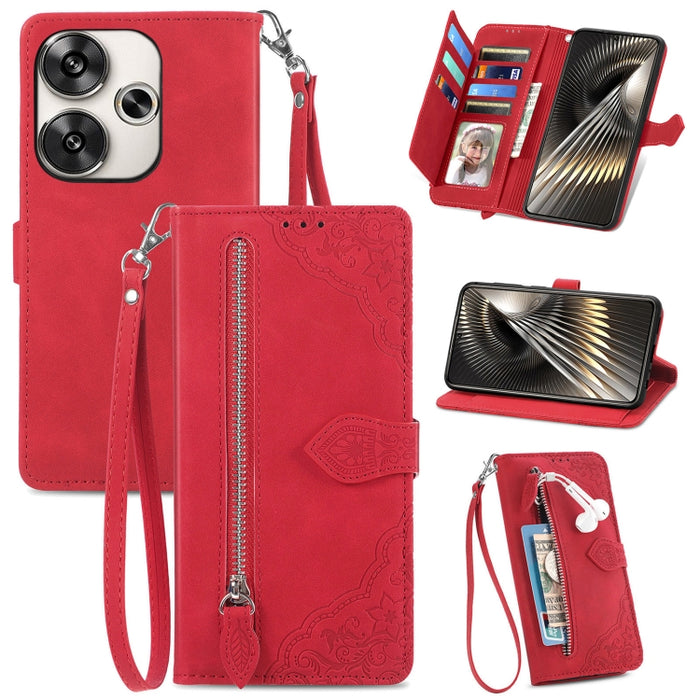 Funda para teléfono de cuero con cremallera y flores en relieve, For Xiaomi Redmi Turbo 3 5G, For Xiaomi 14 Pro, For Xiaomi 14, For Xiaomi Redmi 13C, For Redmi 15C 5G / 4G Glodal 171mm