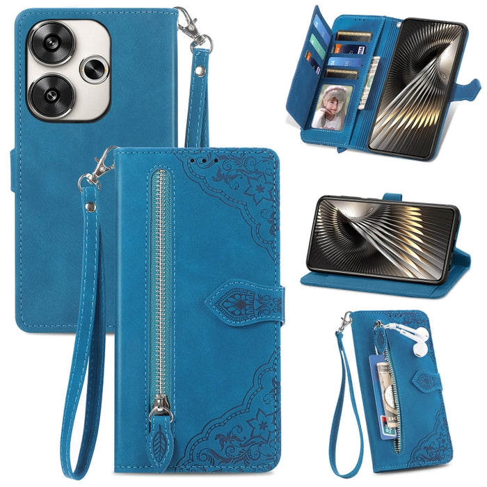 Funda para teléfono de cuero con cremallera y flores en relieve, For Xiaomi Redmi Turbo 3 5G, For Xiaomi 14 Pro, For Xiaomi 14, For Xiaomi Redmi 13C, For Redmi 15C 5G / 4G Glodal 171mm