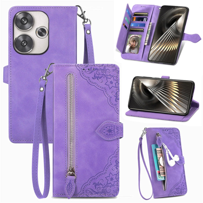 Funda para teléfono de cuero con cremallera y flores en relieve, For Xiaomi Redmi Turbo 3 5G, For Xiaomi 14 Pro, For Xiaomi 14, For Xiaomi Redmi 13C, For Redmi 15C 5G / 4G Glodal 171mm