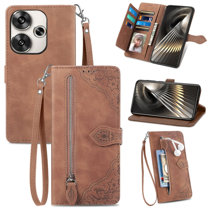 Funda para teléfono de cuero con cremallera y flores en relieve, For Xiaomi Redmi Turbo 3 5G, For Xiaomi 14 Pro, For Xiaomi 14, For Xiaomi Redmi 13C, For Redmi 15C 5G / 4G Glodal 171mm