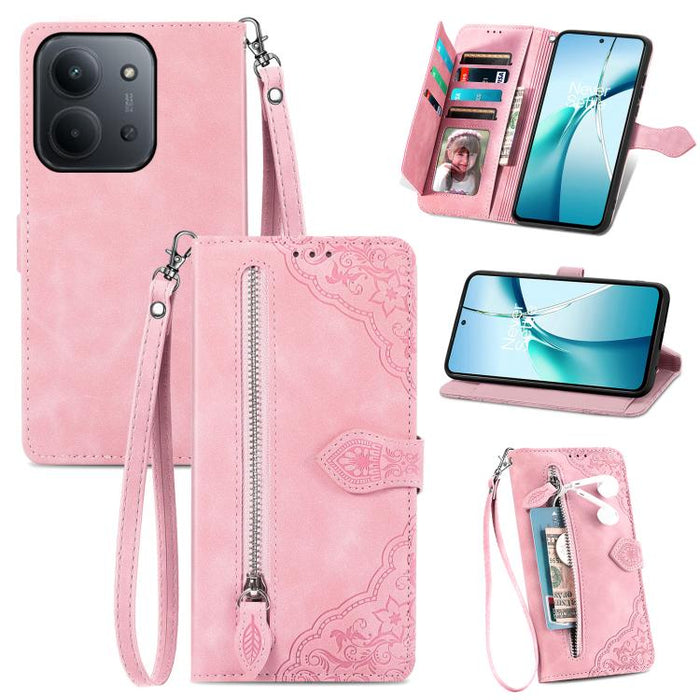Funda para teléfono de cuero con cremallera y flores en relieve, For Xiaomi Redmi Turbo 3 5G, For Xiaomi 14 Pro, For Xiaomi 14, For Xiaomi Redmi 13C, For Redmi 15C 5G / 4G Glodal 171mm
