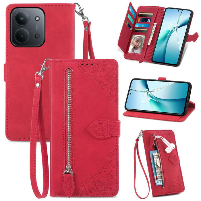 Funda para teléfono de cuero con cremallera y flores en relieve, For Xiaomi Redmi Turbo 3 5G, For Xiaomi 14 Pro, For Xiaomi 14, For Xiaomi Redmi 13C, For Redmi 15C 5G / 4G Glodal 171mm