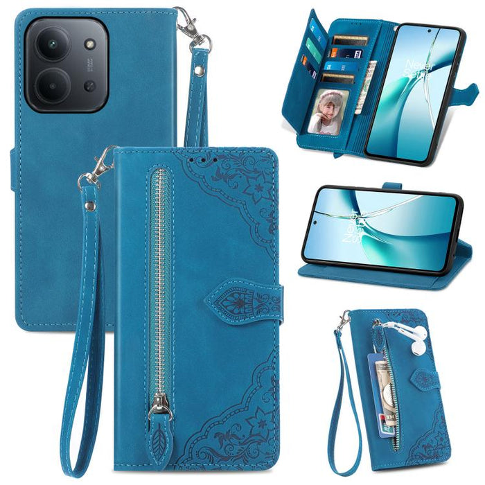 Funda para teléfono de cuero con cremallera y flores en relieve, For Xiaomi Redmi Turbo 3 5G, For Xiaomi 14 Pro, For Xiaomi 14, For Xiaomi Redmi 13C, For Redmi 15C 5G / 4G Glodal 171mm