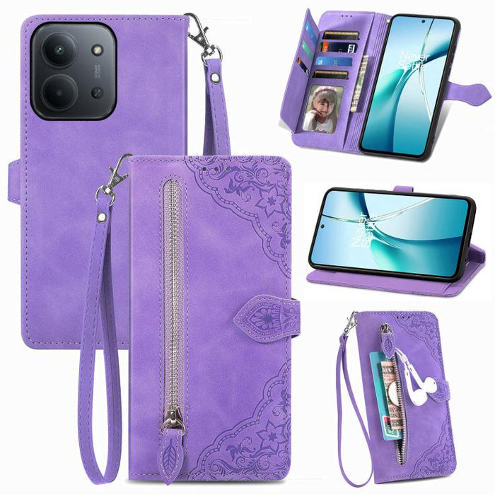 Funda para teléfono de cuero con cremallera y flores en relieve, For Xiaomi Redmi Turbo 3 5G, For Xiaomi 14 Pro, For Xiaomi 14, For Xiaomi Redmi 13C, For Redmi 15C 5G / 4G Glodal 171mm