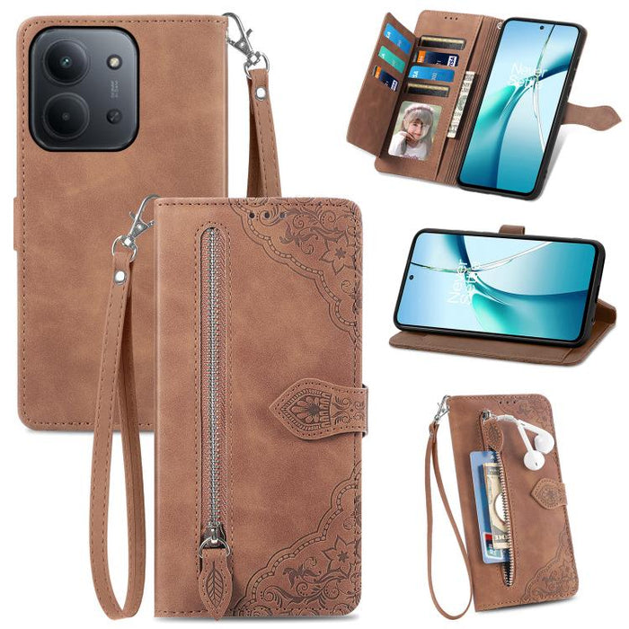 Funda para teléfono de cuero con cremallera y flores en relieve, For Xiaomi Redmi Turbo 3 5G, For Xiaomi 14 Pro, For Xiaomi 14, For Xiaomi Redmi 13C, For Redmi 15C 5G / 4G Glodal 171mm