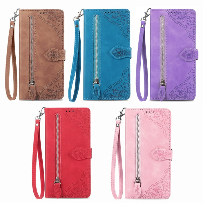 Funda para teléfono de cuero con cremallera y flores en relieve, For Xiaomi Redmi Turbo 3 5G, For Xiaomi 14 Pro, For Xiaomi 14, For Xiaomi Redmi 13C, For Redmi 15C 5G / 4G Glodal 171mm