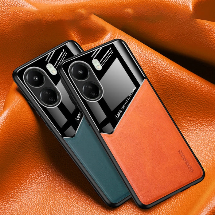 Caja de teléfono de vidrio orgánico de cuero con todo incluido con lámina de hierro metálico, For Xiaomi Redmi 13C, For Xiaomi Redmi K70