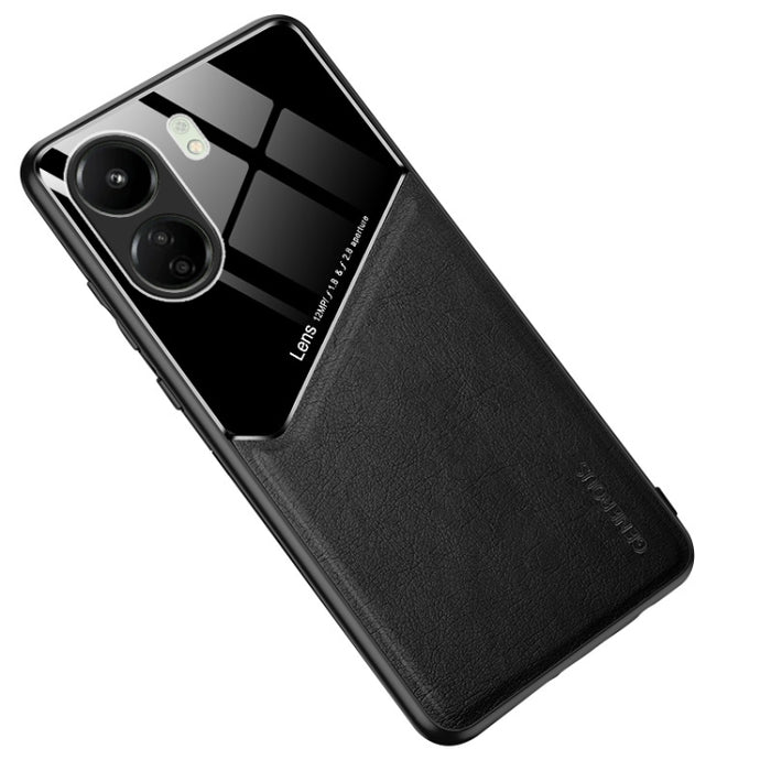 Caja de teléfono de vidrio orgánico de cuero con todo incluido con lámina de hierro metálico, For Xiaomi Redmi 13C, For Xiaomi Redmi K70