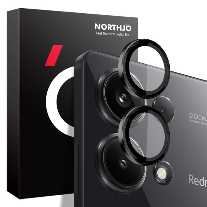 Lente de cámara NORTHJO Película de vidrio templado con anillo de metal con vena CD, For Xiaomi Redmi Note 14 5G, For Xiaomi Redmi Note 13 Pro 4G, For Xiaomi Redmi Note 13 4G, For Xiaomi Redmi Note 13 5G, For Xiaomi Redmi Note 13 Pro+ 5G               ...