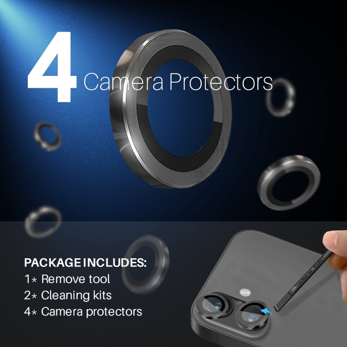 NORTHJO 2 juegos de 4 piezas de cubierta protectora de lente de cámara con anillo de película de metal, For iPhone 16 / 16 Plus