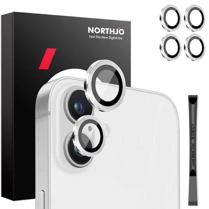 NORTHJO 2 juegos de 4 piezas de cubierta protectora de lente de cámara con anillo de película de metal, For iPhone 16 / 16 Plus