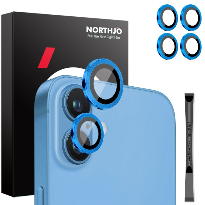NORTHJO 2 juegos de 4 piezas de cubierta protectora de lente de cámara con anillo de película de metal, For iPhone 16 / 16 Plus