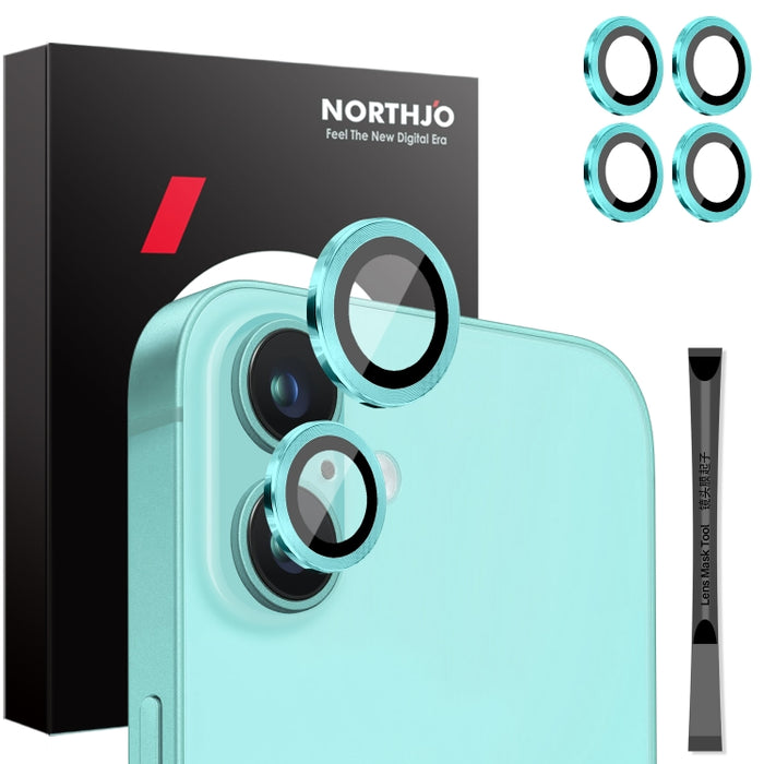 NORTHJO 2 juegos de 4 piezas de cubierta protectora de lente de cámara con anillo de película de metal, For iPhone 16 / 16 Plus
