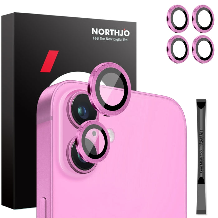 NORTHJO 2 juegos de 4 piezas de cubierta protectora de lente de cámara con anillo de película de metal, For iPhone 16 / 16 Plus