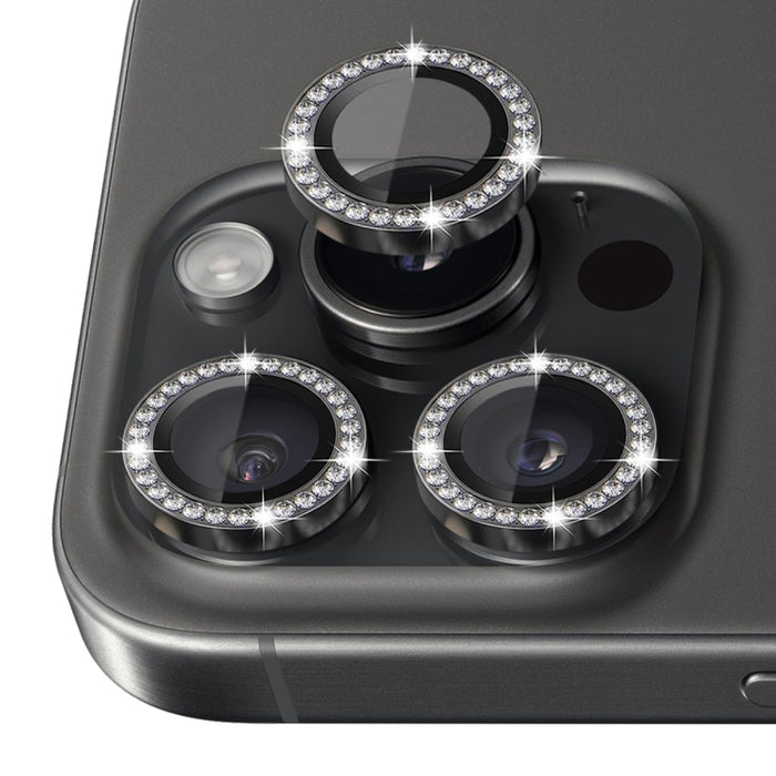 Protector de lente de cámara con diamantes de imitación NORTHJO, película de anillo de metal de vidrio templado, For iPhone 16 Pro / 16 Pro Max