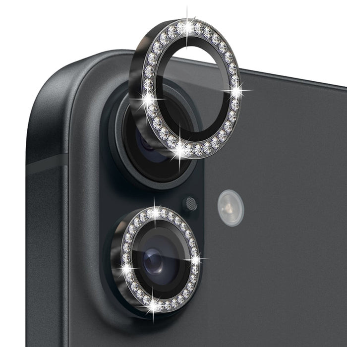 Protector de lente de cámara con diamantes de imitación NORTHJO, película de anillo de metal de vidrio templado, For iPhone 16 / 16 Plus