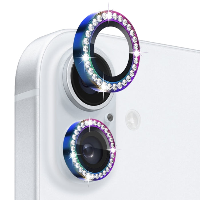 Protector de lente de cámara con diamantes de imitación NORTHJO, película de anillo de metal de vidrio templado, For iPhone 16 / 16 Plus