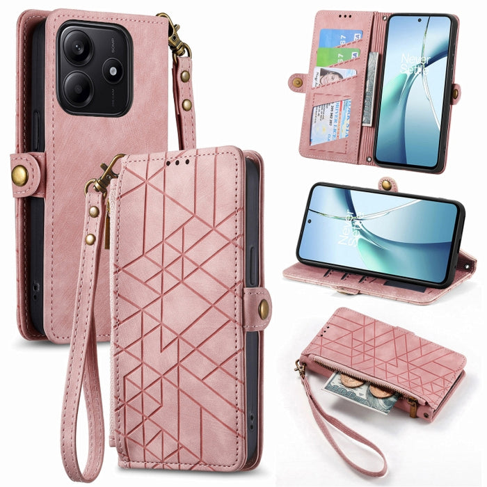 Estuche para teléfono de cuero con hebilla lateral y billetera con cremallera geométrica, For Xiaomi 17 Pro Max, For Xiaomi 17 Pro, For Xiaomi 17, For Xiaomi Poco M7 4G 169mm, For Redmi 15C 5G / 4G Glodal 171mm, For Xiaomi 15T Pro, For Xiaomi 15T      ...