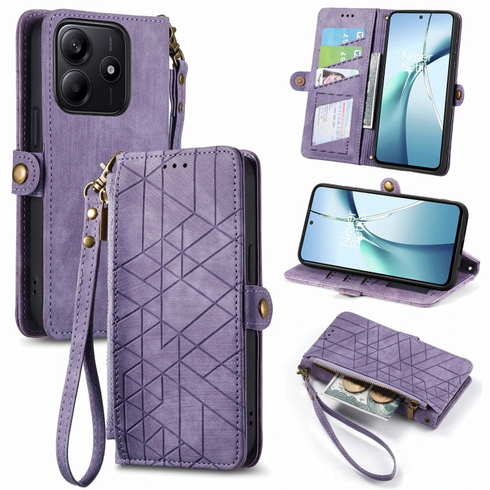 Estuche para teléfono de cuero con hebilla lateral y billetera con cremallera geométrica, For Xiaomi 17 Pro Max, For Xiaomi 17 Pro, For Xiaomi 17, For Xiaomi Poco M7 4G 169mm, For Redmi 15C 5G / 4G Glodal 171mm, For Xiaomi 15T Pro, For Xiaomi 15T      ...