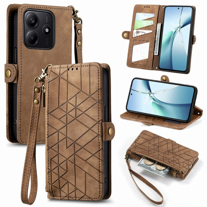 Estuche para teléfono de cuero con hebilla lateral y billetera con cremallera geométrica, For Xiaomi 17 Pro Max, For Xiaomi 17 Pro, For Xiaomi 17, For Xiaomi Poco M7 4G 169mm, For Redmi 15C 5G / 4G Glodal 171mm, For Xiaomi 15T Pro, For Xiaomi 15T      ...