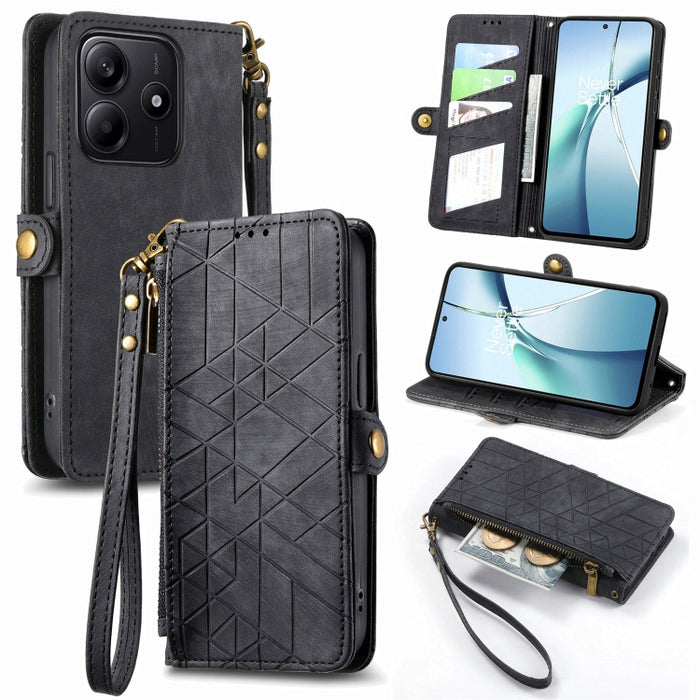 Estuche para teléfono de cuero con hebilla lateral y billetera con cremallera geométrica, For Xiaomi 17 Pro Max, For Xiaomi 17 Pro, For Xiaomi 17, For Xiaomi Poco M7 4G 169mm, For Redmi 15C 5G / 4G Glodal 171mm, For Xiaomi 15T Pro, For Xiaomi 15T      ...