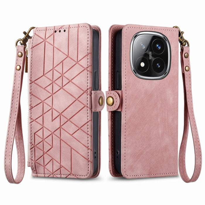 Estuche para teléfono de cuero con hebilla lateral y billetera con cremallera geométrica, For Xiaomi Redmi Note 14 Pro 5G