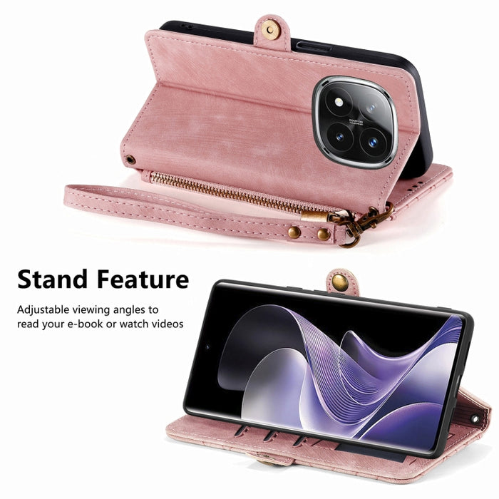 Estuche para teléfono de cuero con hebilla lateral y billetera con cremallera geométrica, For Xiaomi Redmi Note 14 Pro 5G