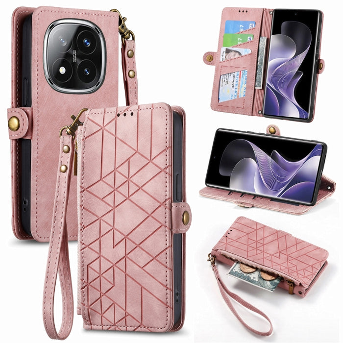 Estuche para teléfono de cuero con hebilla lateral y billetera con cremallera geométrica, For Xiaomi Redmi Note 14 Pro 5G