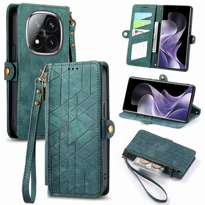 Estuche para teléfono de cuero con hebilla lateral y billetera con cremallera geométrica, For Xiaomi Redmi Note 14 Pro 5G