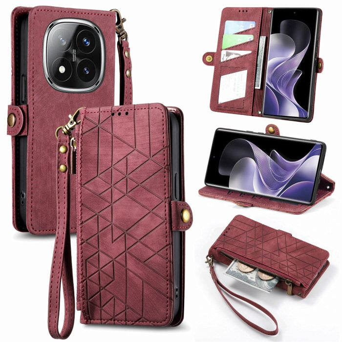 Estuche para teléfono de cuero con hebilla lateral y billetera con cremallera geométrica, For Xiaomi Redmi Note 14 Pro 5G