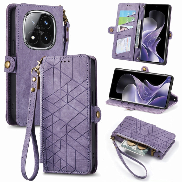 Estuche para teléfono de cuero con hebilla lateral y billetera con cremallera geométrica, For Xiaomi Redmi Note 14 Pro 5G