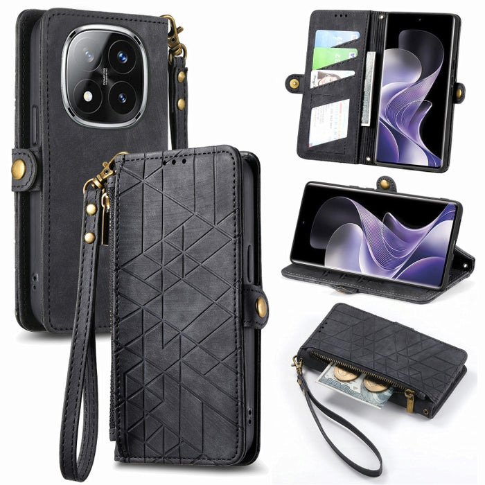Estuche para teléfono de cuero con hebilla lateral y billetera con cremallera geométrica, For Xiaomi Redmi Note 14 Pro 5G