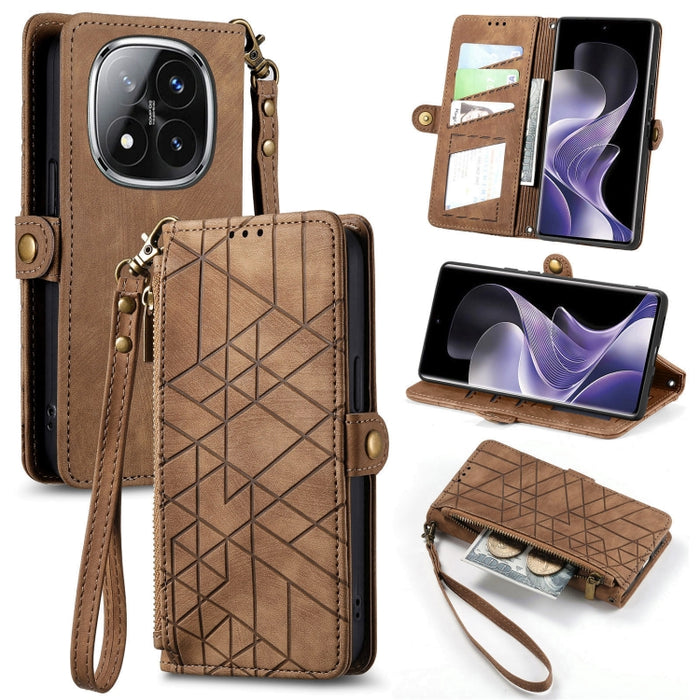 Estuche para teléfono de cuero con hebilla lateral y billetera con cremallera geométrica, For Xiaomi 17 Pro Max, For Xiaomi 17 Pro, For Xiaomi 17, For Xiaomi Poco M7 4G 169mm, For Redmi 15C 5G / 4G Glodal 171mm, For Xiaomi 15T Pro, For Xiaomi 15T      ...