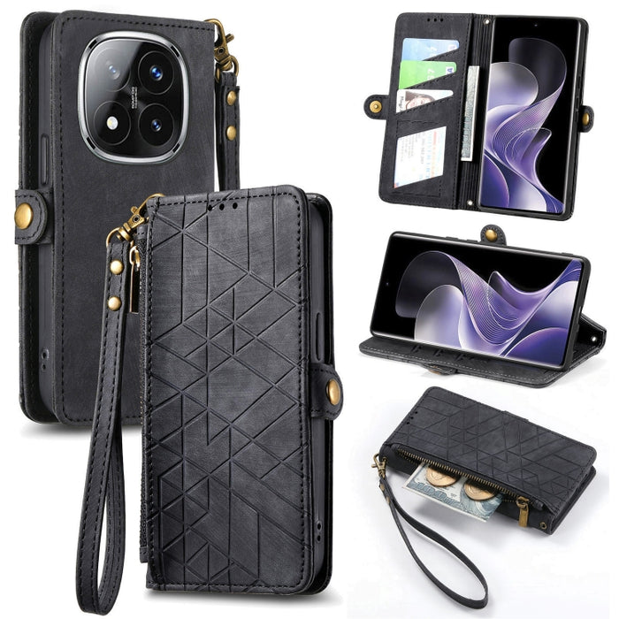 Estuche para teléfono de cuero con hebilla lateral y billetera con cremallera geométrica, For Xiaomi 17 Pro Max, For Xiaomi 17 Pro, For Xiaomi 17, For Xiaomi Poco M7 4G 169mm, For Redmi 15C 5G / 4G Glodal 171mm, For Xiaomi 15T Pro, For Xiaomi 15T      ...