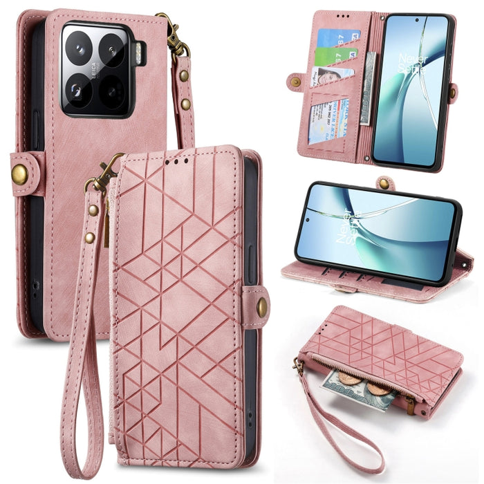 Estuche para teléfono de cuero con hebilla lateral y billetera con cremallera geométrica, For Xiaomi 17 Pro Max, For Xiaomi 17 Pro, For Xiaomi 17, For Xiaomi Poco M7 4G 169mm, For Redmi 15C 5G / 4G Glodal 171mm, For Xiaomi 15T Pro, For Xiaomi 15T      ...