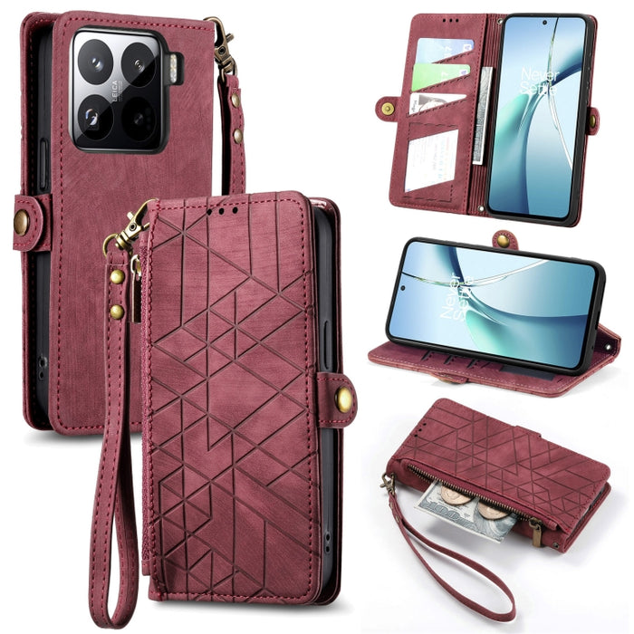 Estuche para teléfono de cuero con hebilla lateral y billetera con cremallera geométrica, For Xiaomi 17 Pro Max, For Xiaomi 17 Pro, For Xiaomi 17, For Xiaomi Poco M7 4G 169mm, For Redmi 15C 5G / 4G Glodal 171mm, For Xiaomi 15T Pro, For Xiaomi 15T      ...