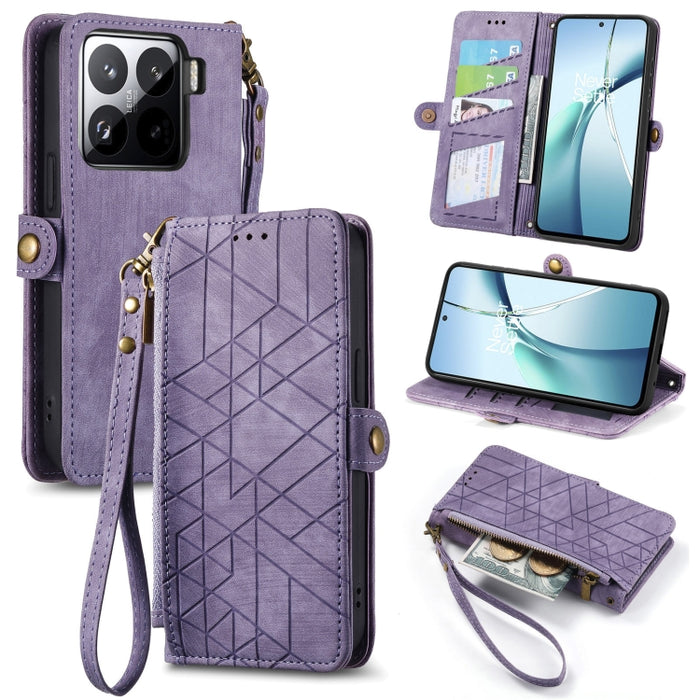 Estuche para teléfono de cuero con hebilla lateral y billetera con cremallera geométrica, For Xiaomi 17 Pro Max, For Xiaomi 17 Pro, For Xiaomi 17, For Xiaomi Poco M7 4G 169mm, For Redmi 15C 5G / 4G Glodal 171mm, For Xiaomi 15T Pro, For Xiaomi 15T      ...
