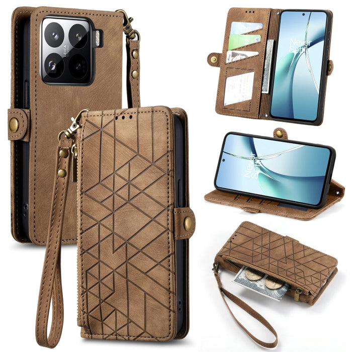 Estuche para teléfono de cuero con hebilla lateral y billetera con cremallera geométrica, For Xiaomi 17 Pro Max, For Xiaomi 17 Pro, For Xiaomi 17, For Xiaomi Poco M7 4G 169mm, For Redmi 15C 5G / 4G Glodal 171mm, For Xiaomi 15T Pro, For Xiaomi 15T      ...