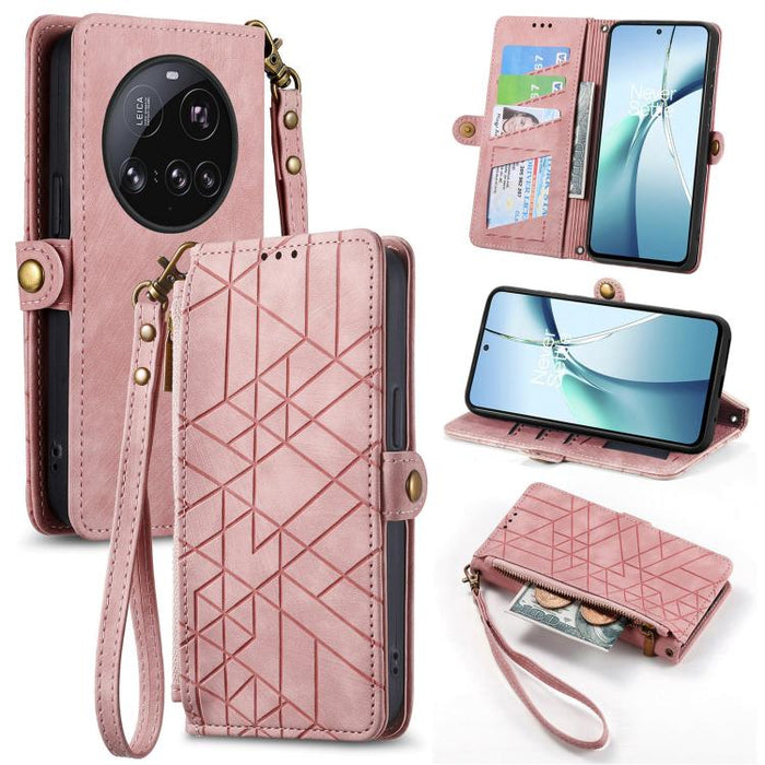 Estuche para teléfono de cuero con hebilla lateral y billetera con cremallera geométrica, For Xiaomi 17 Pro Max, For Xiaomi 17 Pro, For Xiaomi 17, For Xiaomi Poco M7 4G 169mm, For Redmi 15C 5G / 4G Glodal 171mm, For Xiaomi 15T Pro, For Xiaomi 15T      ...