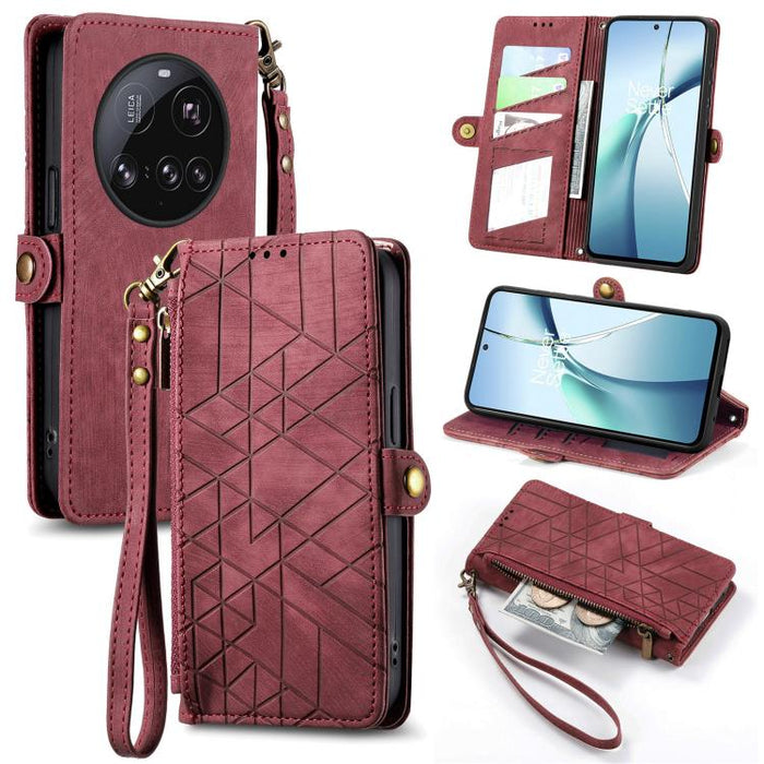Estuche para teléfono de cuero con hebilla lateral y billetera con cremallera geométrica, For Xiaomi 17 Pro Max, For Xiaomi 17 Pro, For Xiaomi 17, For Xiaomi Poco M7 4G 169mm, For Redmi 15C 5G / 4G Glodal 171mm, For Xiaomi 15T Pro, For Xiaomi 15T      ...
