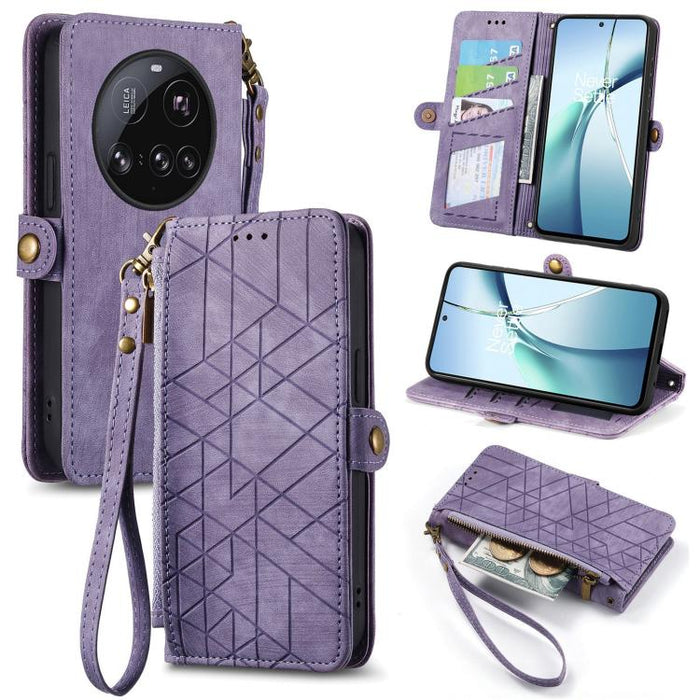 Estuche para teléfono de cuero con hebilla lateral y billetera con cremallera geométrica, For Xiaomi 17 Pro Max, For Xiaomi 17 Pro, For Xiaomi 17, For Xiaomi Poco M7 4G 169mm, For Redmi 15C 5G / 4G Glodal 171mm, For Xiaomi 15T Pro, For Xiaomi 15T      ...