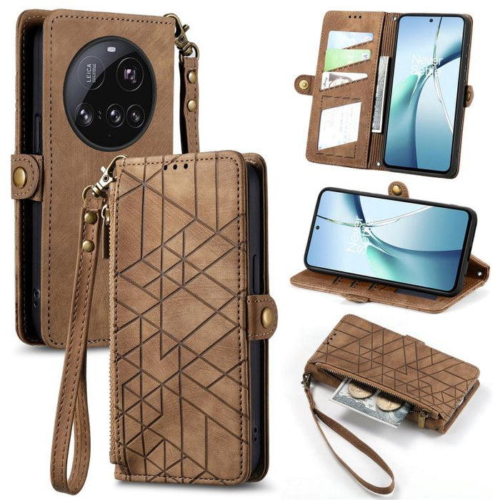 Estuche para teléfono de cuero con hebilla lateral y billetera con cremallera geométrica, For Xiaomi 17 Pro Max, For Xiaomi 17 Pro, For Xiaomi 17, For Xiaomi Poco M7 4G 169mm, For Redmi 15C 5G / 4G Glodal 171mm, For Xiaomi 15T Pro, For Xiaomi 15T      ...