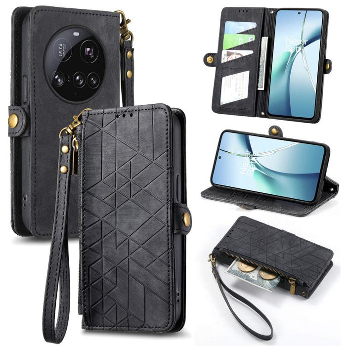 Estuche para teléfono de cuero con hebilla lateral y billetera con cremallera geométrica, For Xiaomi 17 Pro Max, For Xiaomi 17 Pro, For Xiaomi 17, For Xiaomi Poco M7 4G 169mm, For Redmi 15C 5G / 4G Glodal 171mm, For Xiaomi 15T Pro, For Xiaomi 15T      ...