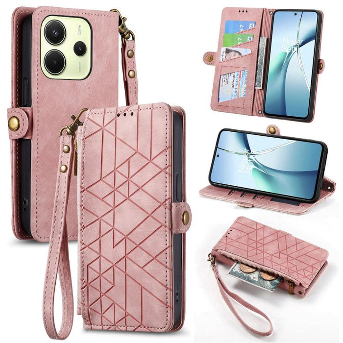 Estuche para teléfono de cuero con hebilla lateral y billetera con cremallera geométrica, For Xiaomi 17 Pro Max, For Xiaomi 17 Pro, For Xiaomi 17, For Xiaomi Poco M7 4G 169mm, For Redmi 15C 5G / 4G Glodal 171mm, For Xiaomi 15T Pro, For Xiaomi 15T      ...