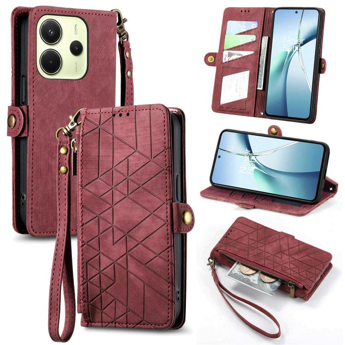 Estuche para teléfono de cuero con hebilla lateral y billetera con cremallera geométrica, For Xiaomi 17 Pro Max, For Xiaomi 17 Pro, For Xiaomi 17, For Xiaomi Poco M7 4G 169mm, For Redmi 15C 5G / 4G Glodal 171mm, For Xiaomi 15T Pro, For Xiaomi 15T      ...