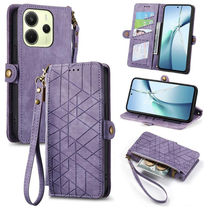 Estuche para teléfono de cuero con hebilla lateral y billetera con cremallera geométrica, For Xiaomi 17 Pro Max, For Xiaomi 17 Pro, For Xiaomi 17, For Xiaomi Poco M7 4G 169mm, For Redmi 15C 5G / 4G Glodal 171mm, For Xiaomi 15T Pro, For Xiaomi 15T      ...