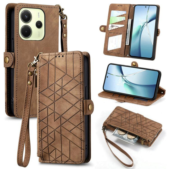 Estuche para teléfono de cuero con hebilla lateral y billetera con cremallera geométrica, For Xiaomi 17 Pro Max, For Xiaomi 17 Pro, For Xiaomi 17, For Xiaomi Poco M7 4G 169mm, For Redmi 15C 5G / 4G Glodal 171mm, For Xiaomi 15T Pro, For Xiaomi 15T      ...