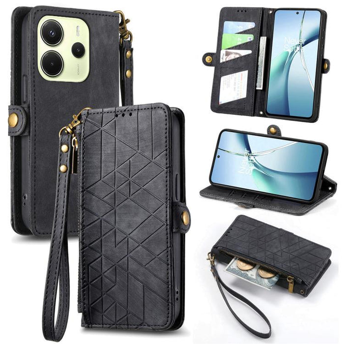 Estuche para teléfono de cuero con hebilla lateral y billetera con cremallera geométrica, For Xiaomi 17 Pro Max, For Xiaomi 17 Pro, For Xiaomi 17, For Xiaomi Poco M7 4G 169mm, For Redmi 15C 5G / 4G Glodal 171mm, For Xiaomi 15T Pro, For Xiaomi 15T      ...
