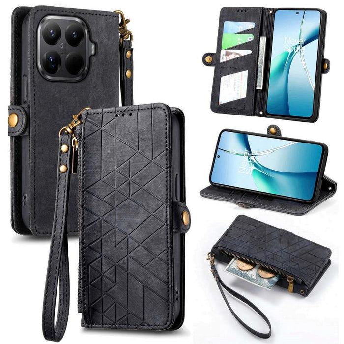 Estuche para teléfono de cuero con hebilla lateral y billetera con cremallera geométrica, For Xiaomi 17 Pro Max, For Xiaomi 17 Pro, For Xiaomi 17, For Xiaomi Poco M7 4G 169mm, For Redmi 15C 5G / 4G Glodal 171mm, For Xiaomi 15T Pro, For Xiaomi 15T      ...
